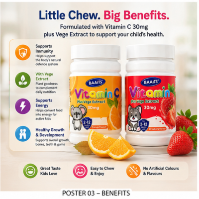 BAAiTS children's Vitamin C tablets available in Orange and Strawberry flavours