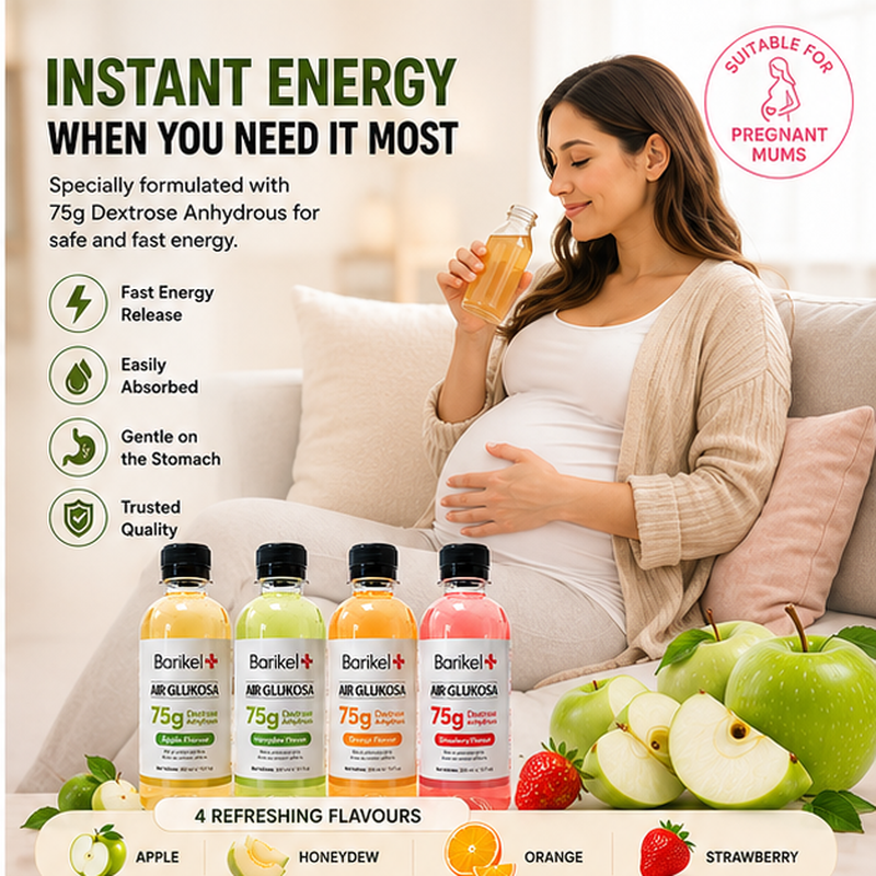 Barikel Plus Dextrose Drink for Pregnancy Wellness Pregnant woman enjoying Barikel Plus dextrose glucose drink as part of her pregnancy wellness routine