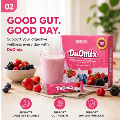 Adult enjoying a Duomix probiotic yoghurt drink as part of an everyday digestive wellness routine