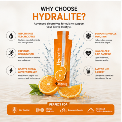 Hydralite 625ml electrolyte hydration sachet with refreshing Orange flavour